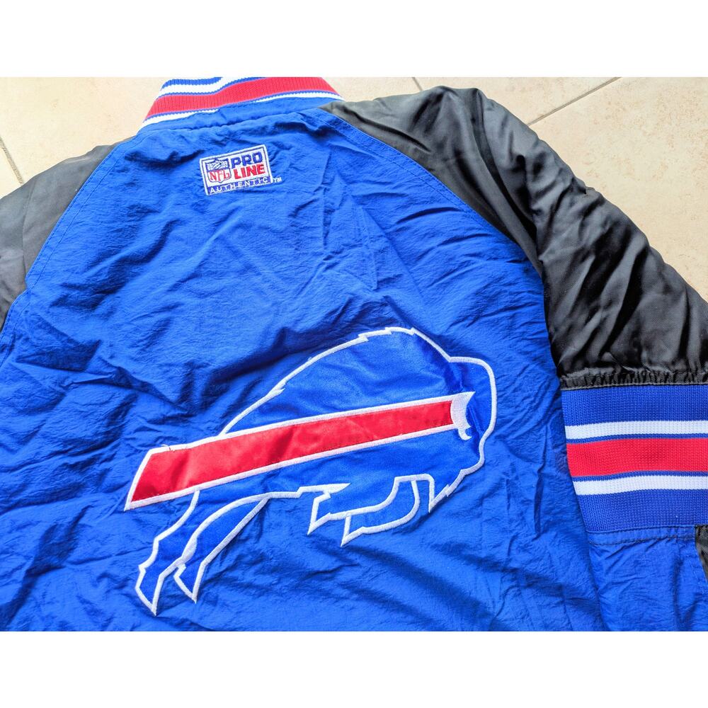 Buffalo Bills 90s STARTER puffer Trench jacket L black blue NFL Pro Line vtg